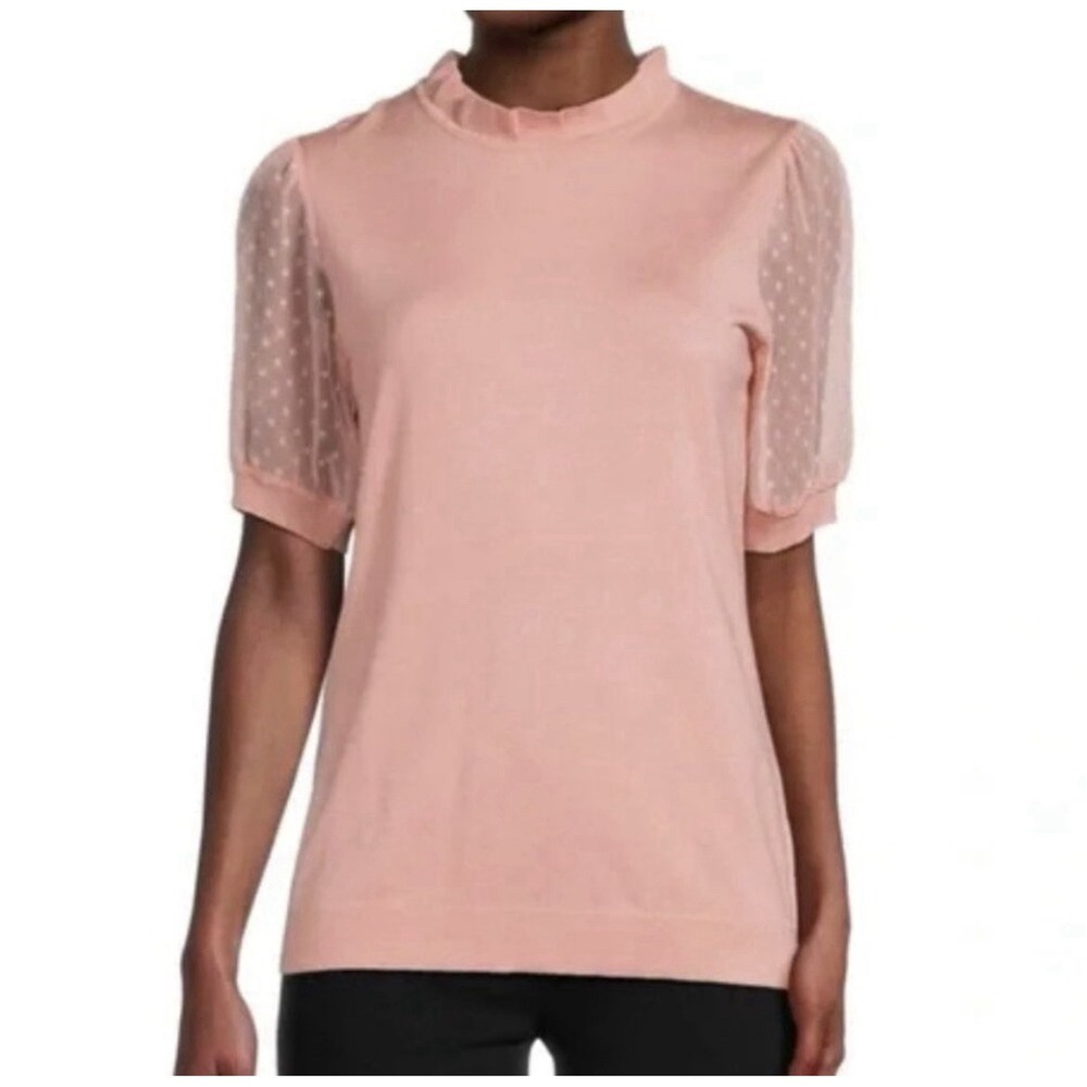 Adrianna Papell Pink Puff Sleeve Sweater Small  With Polka Dot Mesh Details